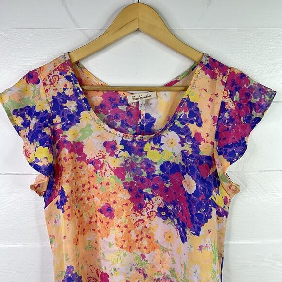 TRUE FREEDOM Orange Purple Pink Wide Flutter Sleeve Long Tunic Shirt Top Size M - Picture 6 of 11